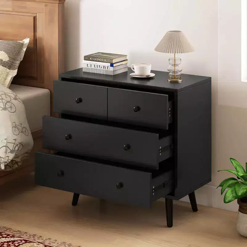 Commode Costway 4 tiroirs pour chambre à coucher, large commode avec rails de guidage en métal, teck et noir/noyer/naturel