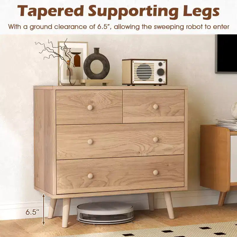 Commode Costway 4 tiroirs pour chambre à coucher, large commode avec rails de guidage en métal, teck et noir/noyer/naturel