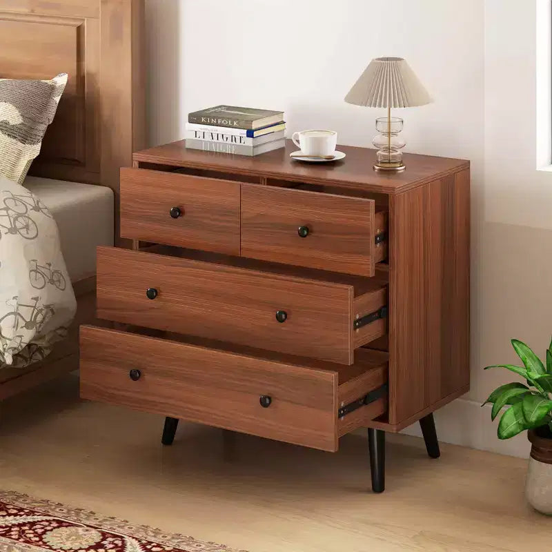 Commode Costway 4 tiroirs pour chambre à coucher, large commode avec rails de guidage en métal, teck et noir/noyer/naturel