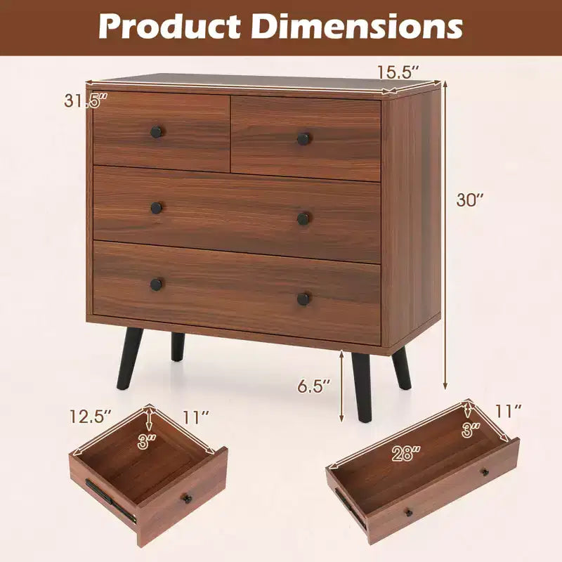 Commode Costway 4 tiroirs pour chambre à coucher, large commode avec rails de guidage en métal, teck et noir/noyer/naturel