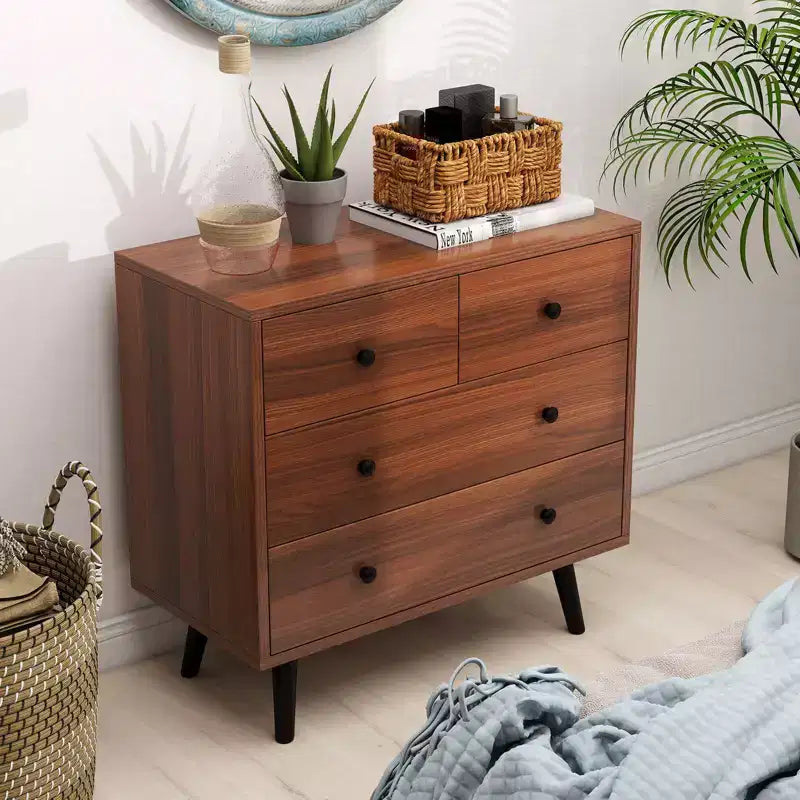 Commode Costway 4 tiroirs pour chambre à coucher, large commode avec rails de guidage en métal, teck et noir/noyer/naturel