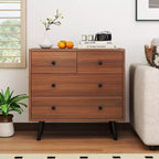Commode Costway 4 tiroirs pour chambre à coucher, large commode avec rails de guidage en métal, teck et noir/noyer/naturel