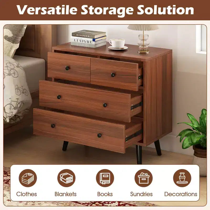 Commode Costway 4 tiroirs pour chambre à coucher, large commode avec rails de guidage en métal, teck et noir/noyer/naturel