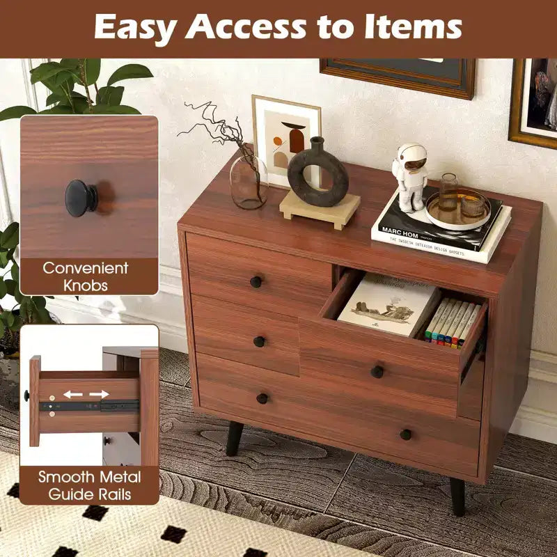 Commode Costway 4 tiroirs pour chambre à coucher, large commode avec rails de guidage en métal, teck et noir/noyer/naturel