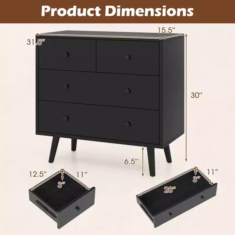 Commode Costway 4 tiroirs pour chambre à coucher, large commode avec rails de guidage en métal, teck et noir/noyer/naturel
