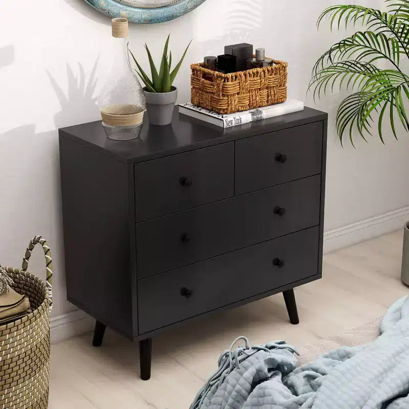 Commode Costway 4 tiroirs pour chambre à coucher, large commode avec rails de guidage en métal, teck et noir/noyer/naturel