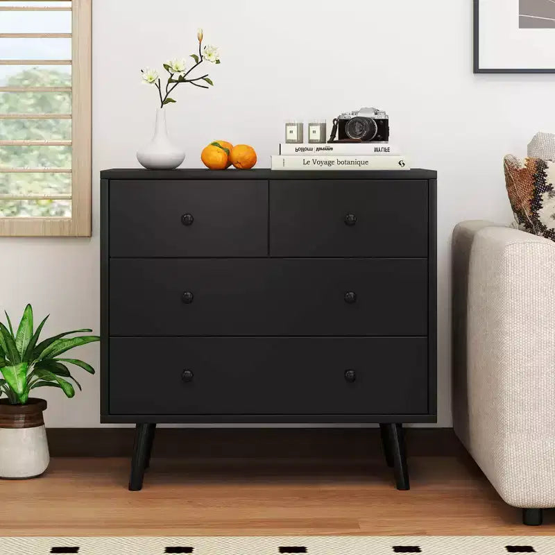 Commode Costway 4 tiroirs pour chambre à coucher, large commode avec rails de guidage en métal, teck et noir/noyer/naturel