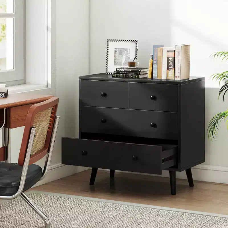 Commode Costway 4 tiroirs pour chambre à coucher, large commode avec rails de guidage en métal, teck et noir/noyer/naturel
