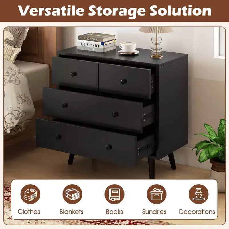 Commode Costway 4 tiroirs pour chambre à coucher, large commode avec rails de guidage en métal, teck et noir/noyer/naturel