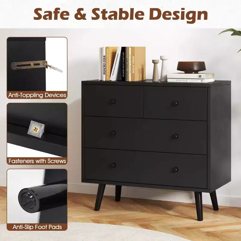 Commode Costway 4 tiroirs pour chambre à coucher, large commode avec rails de guidage en métal, teck et noir/noyer/naturel