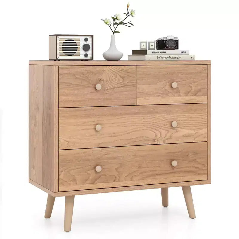Commode Costway 4 tiroirs pour chambre à coucher, large commode avec rails de guidage en métal, teck et noir/noyer/naturel