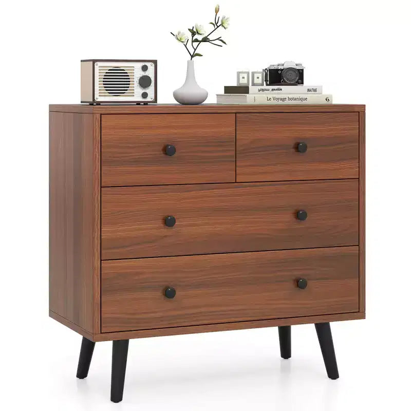 Commode Costway 4 tiroirs pour chambre à coucher, large commode avec rails de guidage en métal, teck et noir/noyer/naturel