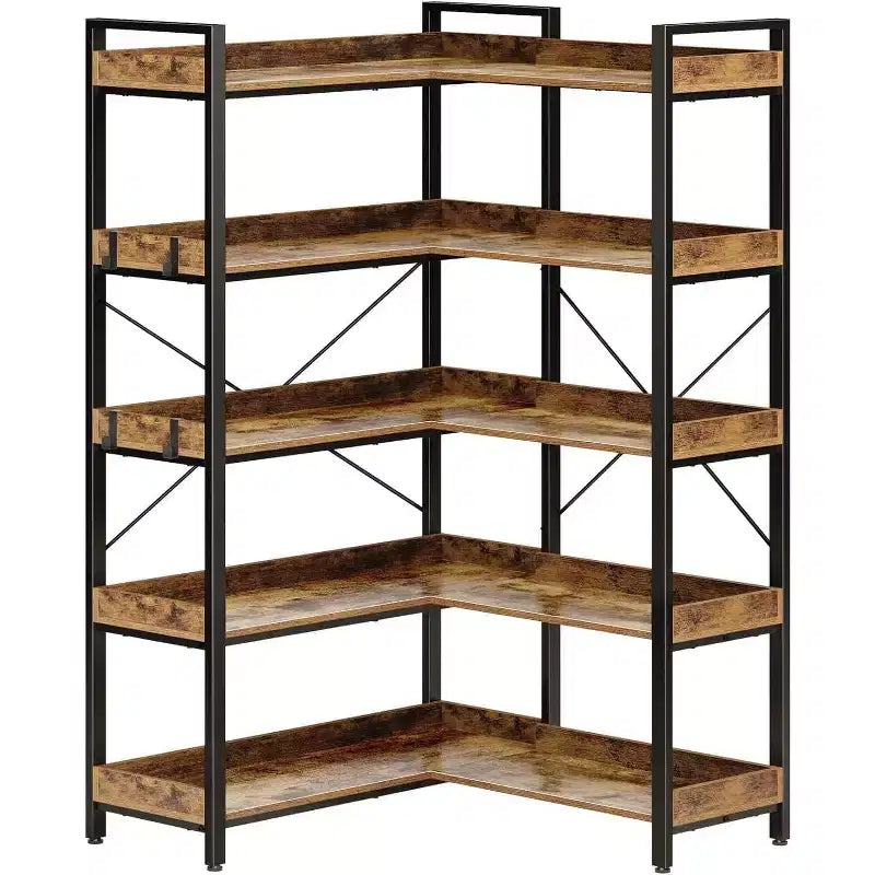 Étagère à 5 niveaux avec 4 crochets, bibliothèque d'angle réversible, bibliothèque industrielle en bois de 165 cm avec étagères ouvertes et cadre en métal pour le salon