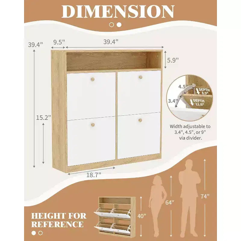 Meuble à chaussures moderne avec 4 tiroirs à bascule, organisateur de chaussures peu encombrant avec poignées en bois pour l'entrée, le couloir ou la chambre