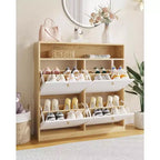 Meuble à chaussures moderne avec 4 tiroirs à bascule, organisateur de chaussures peu encombrant avec poignées en bois pour l'entrée, le couloir ou la chambre