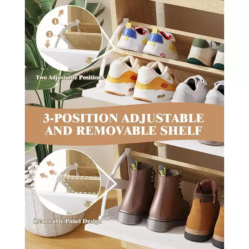 Meuble à chaussures moderne avec 4 tiroirs à bascule, organisateur de chaussures peu encombrant avec poignées en bois pour l'entrée, le couloir ou la chambre