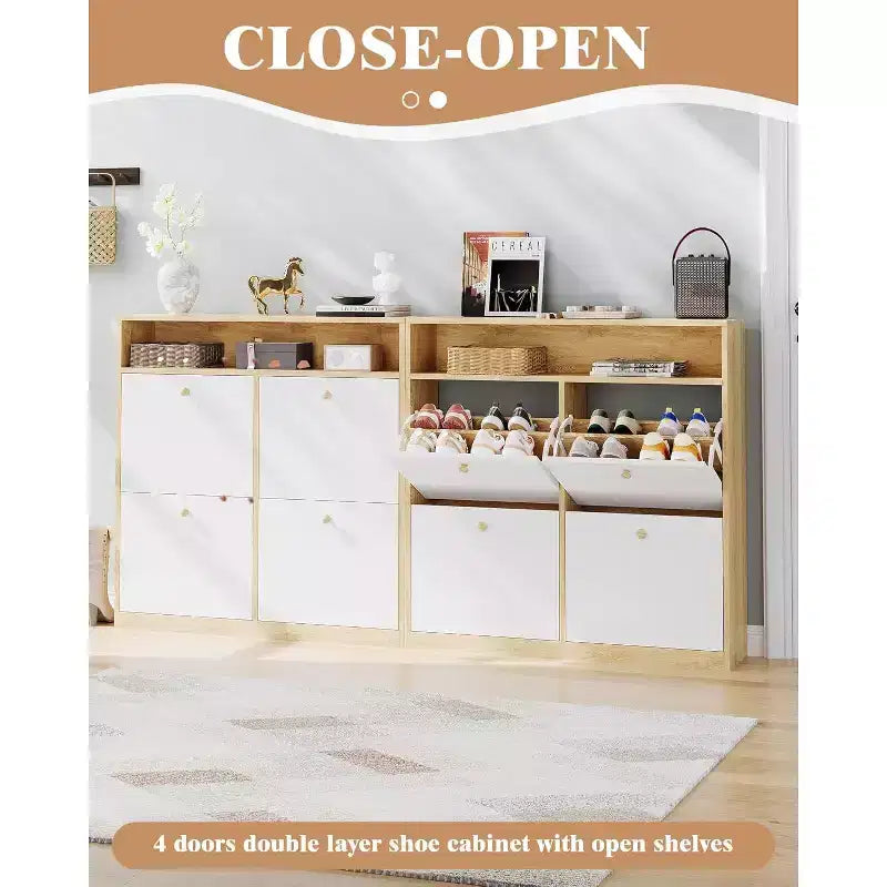 Meuble à chaussures moderne avec 4 tiroirs à bascule, organisateur de chaussures peu encombrant avec poignées en bois pour l'entrée, le couloir ou la chambre