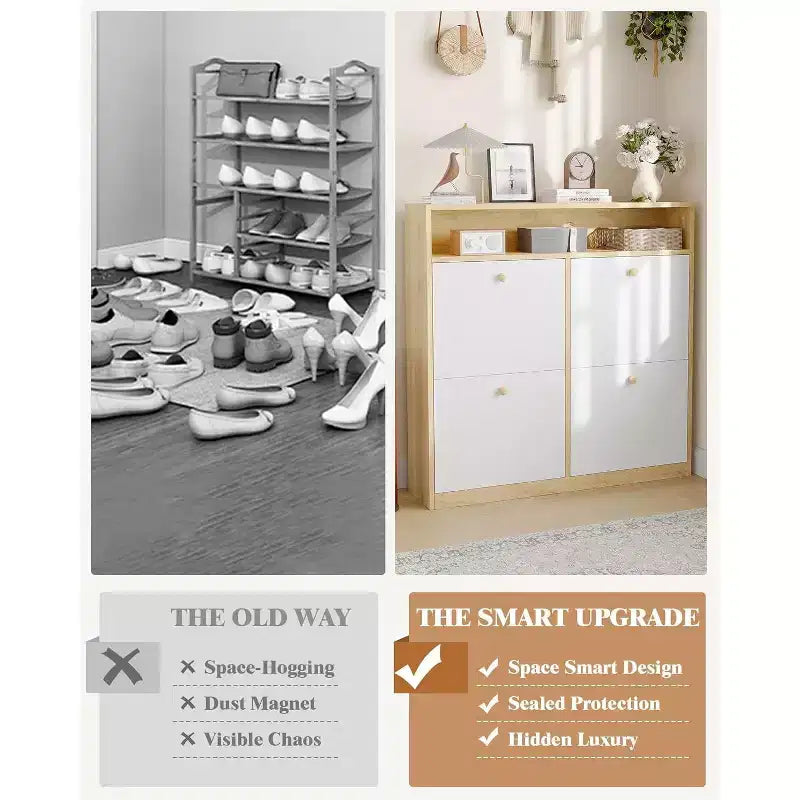 Meuble à chaussures moderne avec 4 tiroirs à bascule, organisateur de chaussures peu encombrant avec poignées en bois pour l'entrée, le couloir ou la chambre