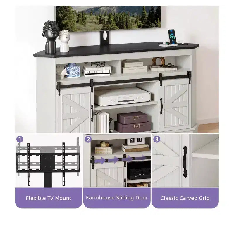 Meuble TV avec support pour téléviseur de 70 pouces, meuble de divertissement d'angle avec portes coulissantes de style grange et prise de courant, table console multimédia pour salon
