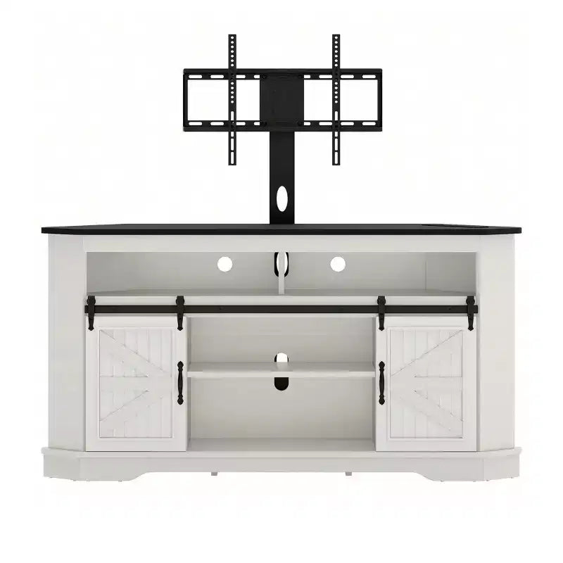 Meuble TV avec support pour téléviseur de 70 pouces, meuble de divertissement d'angle avec portes coulissantes de style grange et prise de courant, table console multimédia pour salon