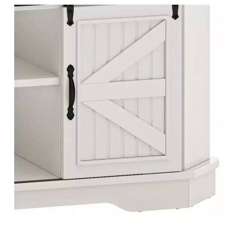 Meuble TV avec support pour téléviseur de 70 pouces, meuble de divertissement d'angle avec portes coulissantes de style grange et prise de courant, table console multimédia pour salon