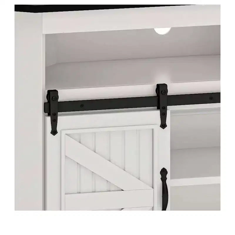 Meuble TV avec support pour téléviseur de 70 pouces, meuble de divertissement d'angle avec portes coulissantes de style grange et prise de courant, table console multimédia pour salon