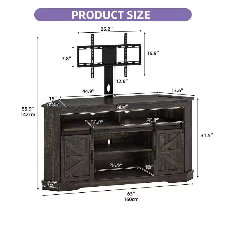 Meuble TV avec support pour téléviseur de 70 pouces, meuble de divertissement d'angle avec portes coulissantes de style grange et prise de courant, table console multimédia pour salon