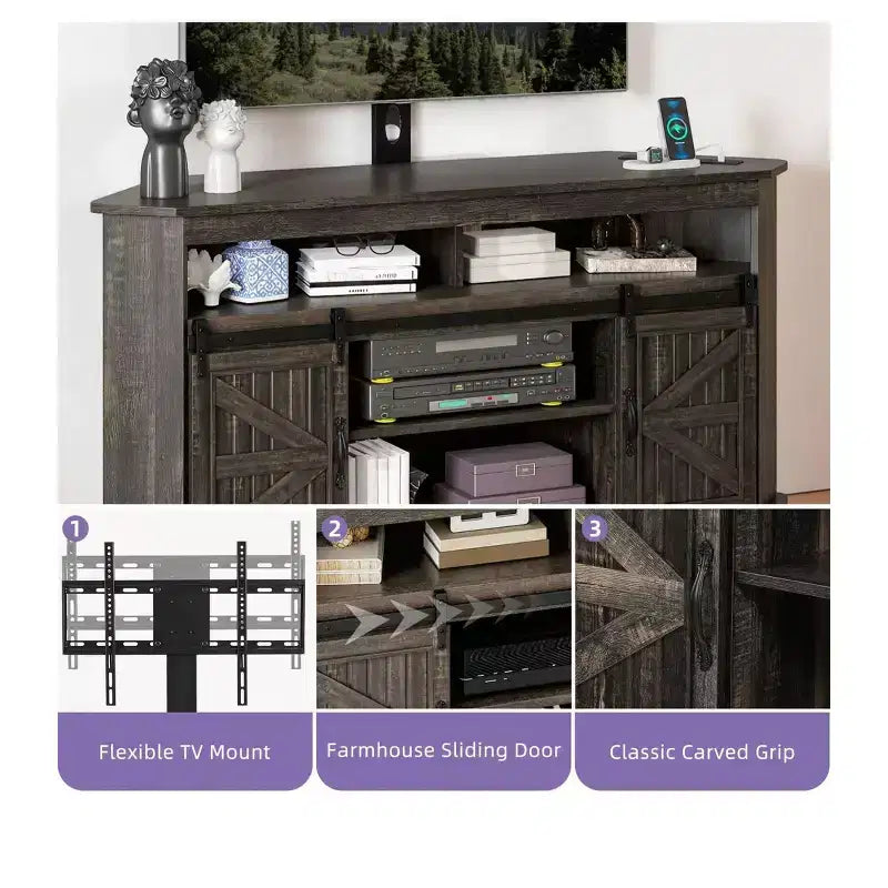 Meuble TV avec support pour téléviseur de 70 pouces, meuble de divertissement d'angle avec portes coulissantes de style grange et prise de courant, table console multimédia pour salon