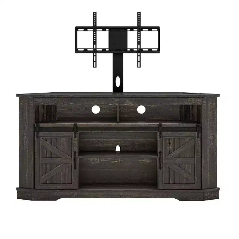 Meuble TV avec support pour téléviseur de 70 pouces, meuble de divertissement d'angle avec portes coulissantes de style grange et prise de courant, table console multimédia pour salon
