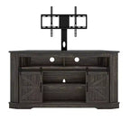 Meuble TV avec support pour téléviseur de 70 pouces, meuble de divertissement d'angle avec portes coulissantes de style grange et prise de courant, table console multimédia pour salon
