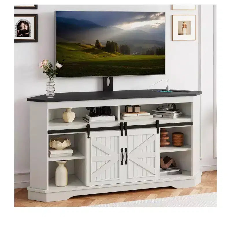 Meuble TV avec support pour téléviseur de 70 pouces, meuble de divertissement d'angle avec portes coulissantes de style grange et prise de courant, table console multimédia pour salon