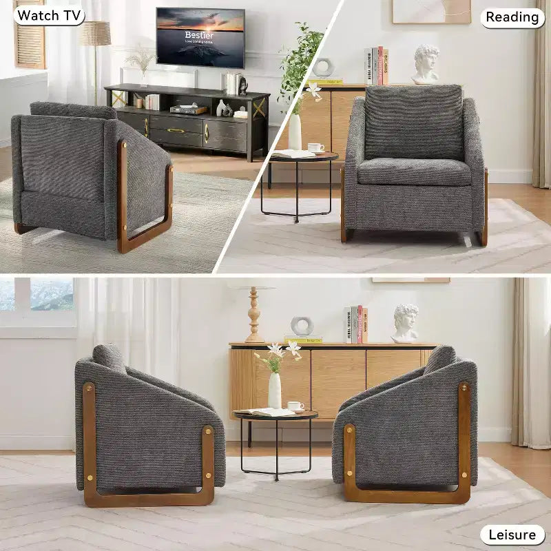 Fauteuil en tissu chenille TUYOHW, fauteuil d'appoint avec cadre latéral en bois, garniture cloutée dorée, chaise de loisirs rembourrée pour salon, chambre à coucher