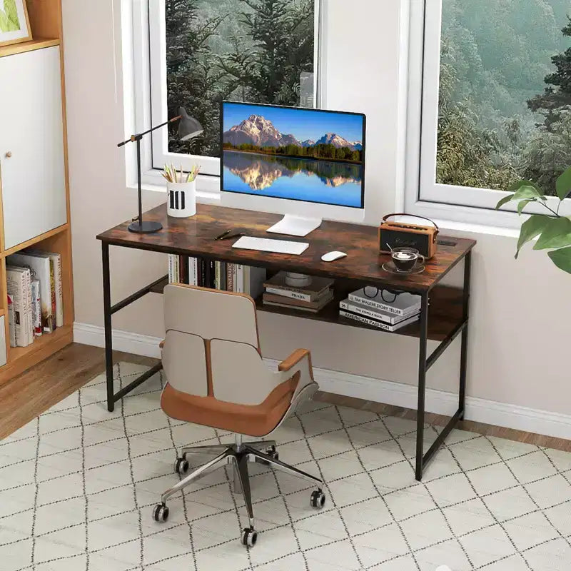 Costway Bureau d'ordinateur 55 x 24 avec prises de courant et ports USB, étagère de rangement, cadre métallique noir/marron