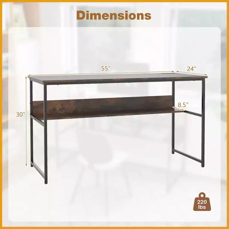 Costway Bureau d'ordinateur 55 x 24 avec prises de courant et ports USB, étagère de rangement, cadre métallique noir/marron
