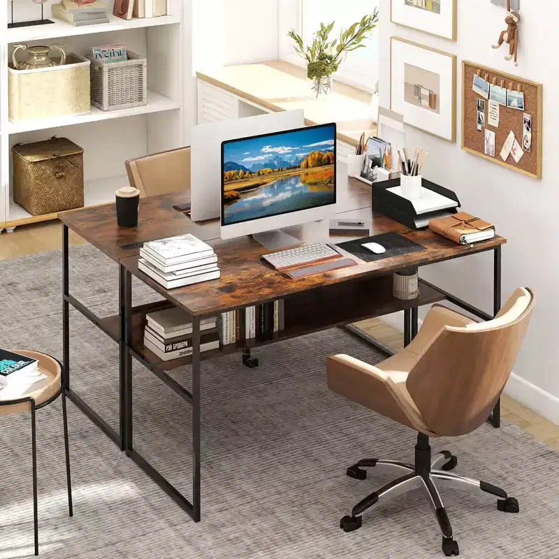 Costway Bureau d'ordinateur 55 x 24 avec prises de courant et ports USB, étagère de rangement, cadre métallique noir/marron