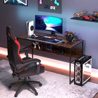 Costway Bureau d'ordinateur 55 x 24 avec prises de courant et ports USB, étagère de rangement, cadre métallique noir/marron