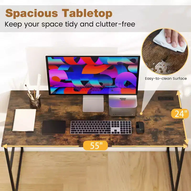 Costway Bureau d'ordinateur 55 x 24 avec prises de courant et ports USB, étagère de rangement, cadre métallique noir/marron