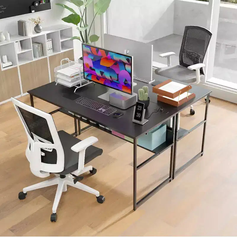 Costway Bureau d'ordinateur 55 x 24 avec prises de courant et ports USB, étagère de rangement, cadre métallique noir/marron