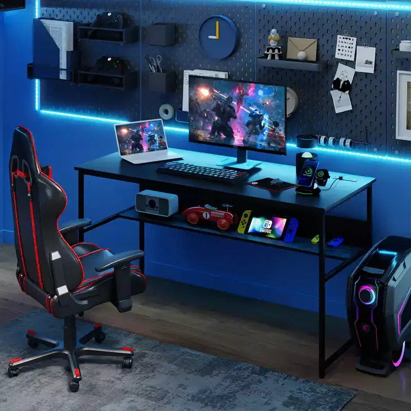 Costway Bureau d'ordinateur 55 x 24 avec prises de courant et ports USB, étagère de rangement, cadre métallique noir/marron