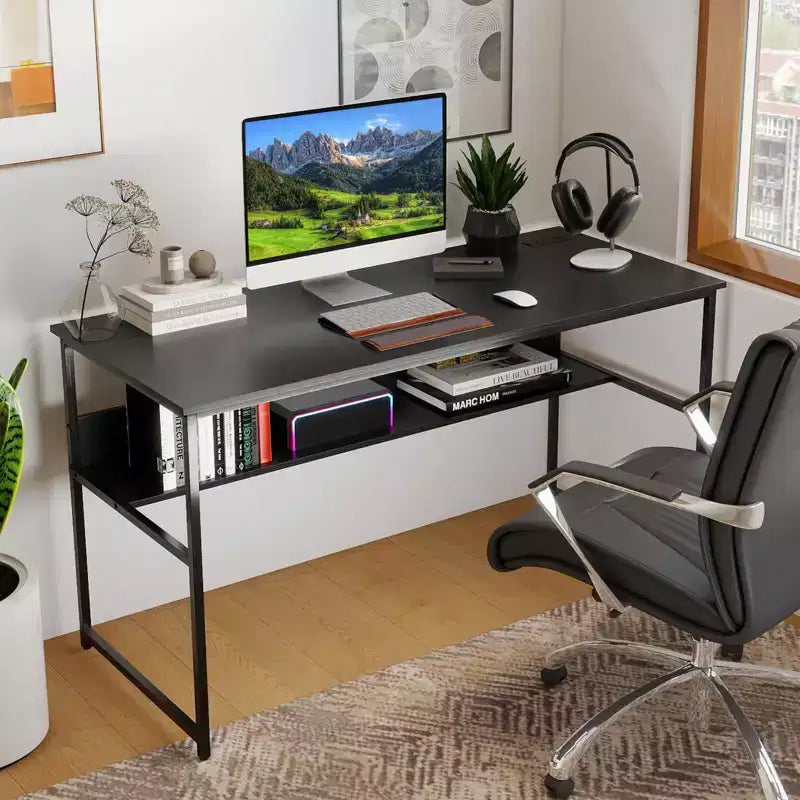 Costway Bureau d'ordinateur 55 x 24 avec prises de courant et ports USB, étagère de rangement, cadre métallique noir/marron
