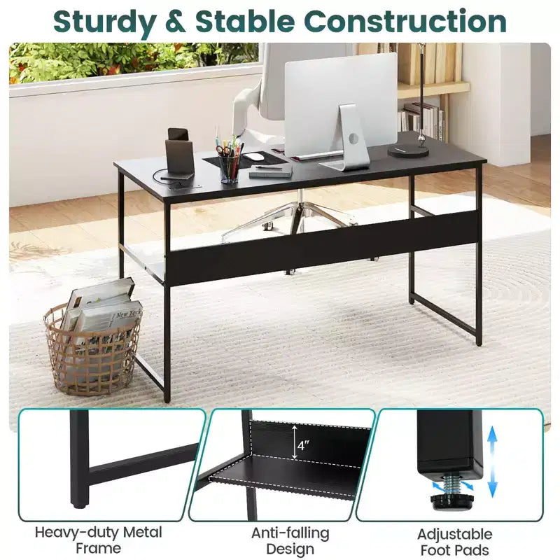 Costway Bureau d'ordinateur 55 x 24 avec prises de courant et ports USB, étagère de rangement, cadre métallique noir/marron