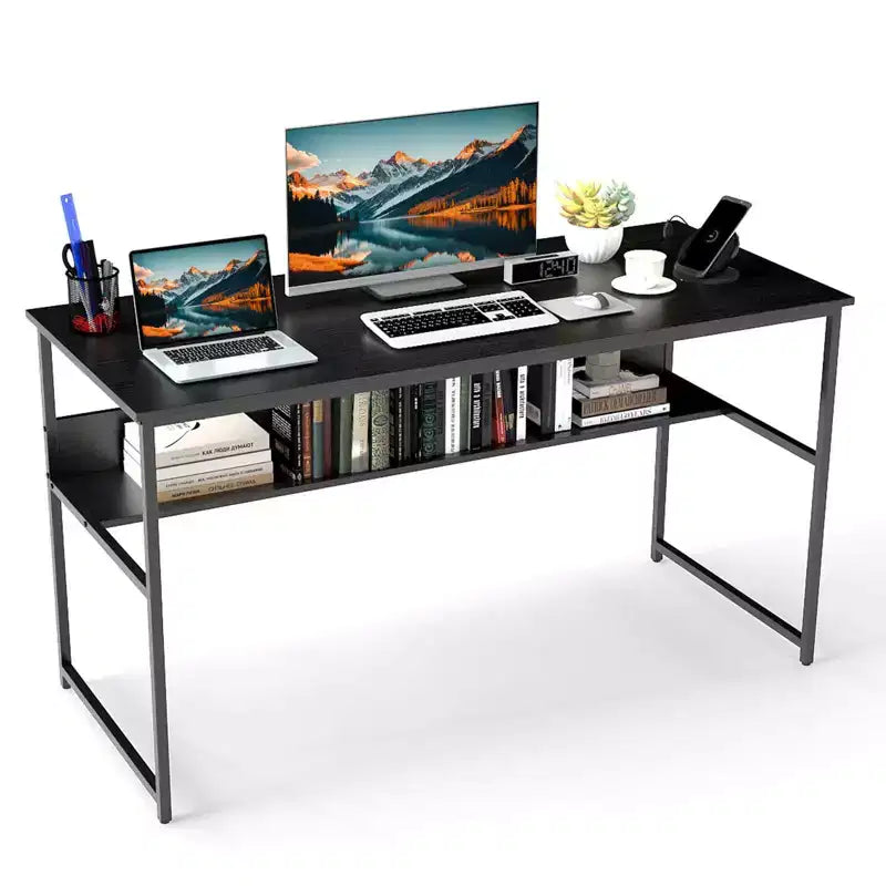 Costway 55 x 24 Computer Desk with Power Outlets & USB Ports, Storage Shelf, Metal Frame Black/Brown