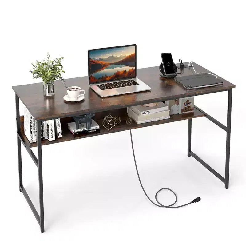 Costway Bureau d'ordinateur 55 x 24 avec prises de courant et ports USB, étagère de rangement, cadre métallique noir/marron