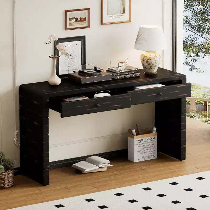 JVNOXK Table d'appoint incurvée de 55.00 pouces avec rangement, bureau d'entrée en bois à deux tiroirs, table d'appoint rustique vintage pour couloirs et halls - Noir