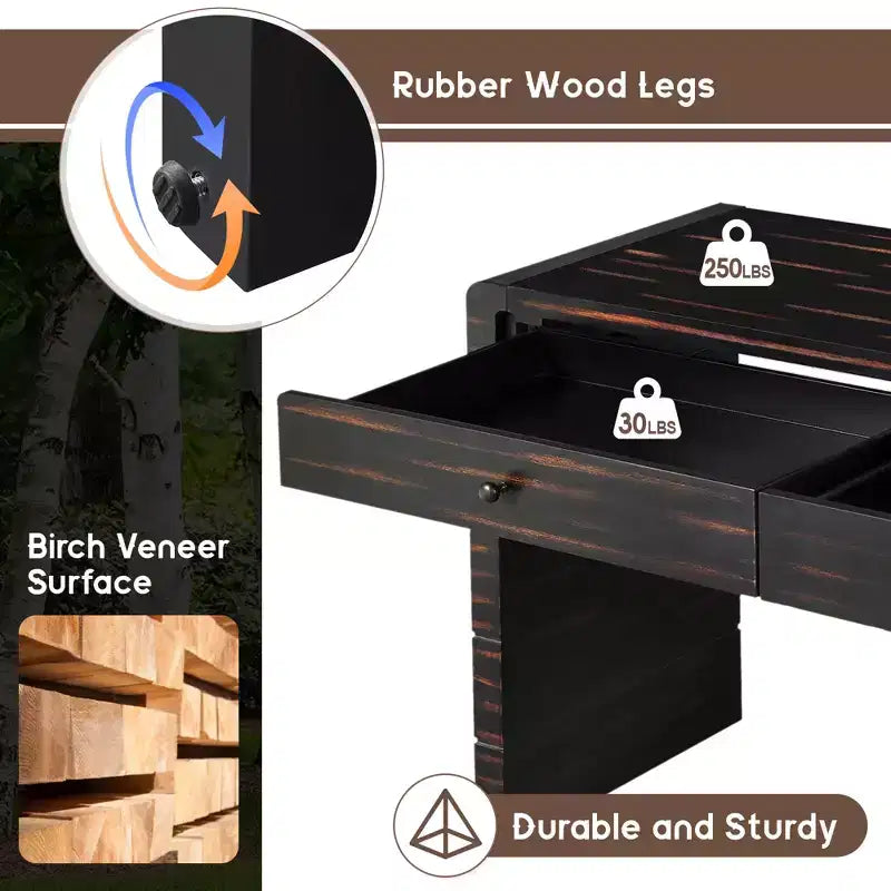 JVNOXK Table d'appoint incurvée de 55.00 pouces avec rangement, bureau d'entrée en bois à deux tiroirs, table d'appoint rustique vintage pour couloirs et halls - Noir
