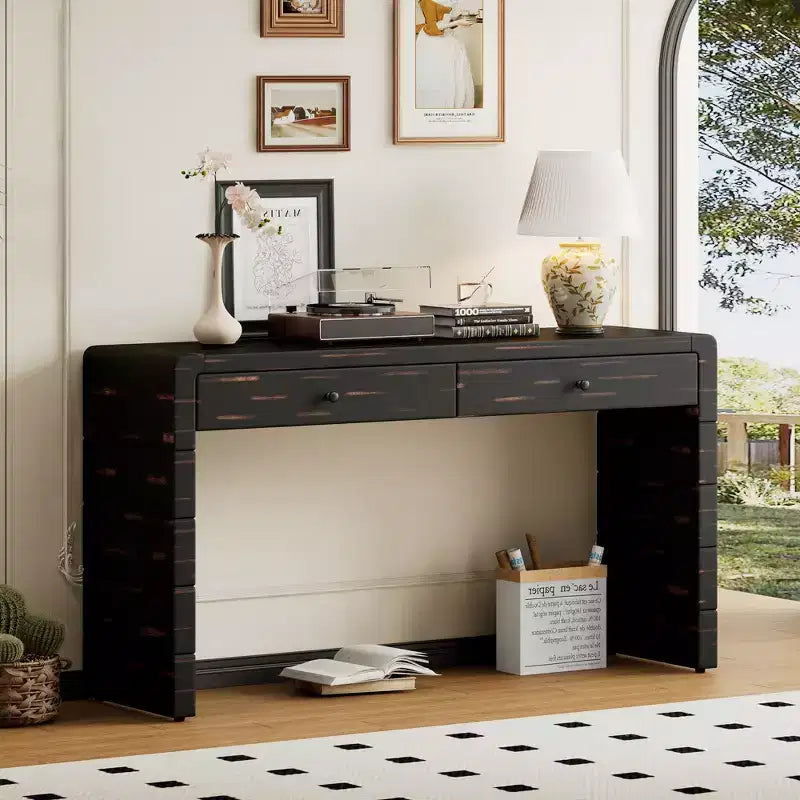 JVNOXK Table d'appoint incurvée de 55.00 pouces avec rangement, bureau d'entrée en bois à deux tiroirs, table d'appoint rustique vintage pour couloirs et halls - Noir