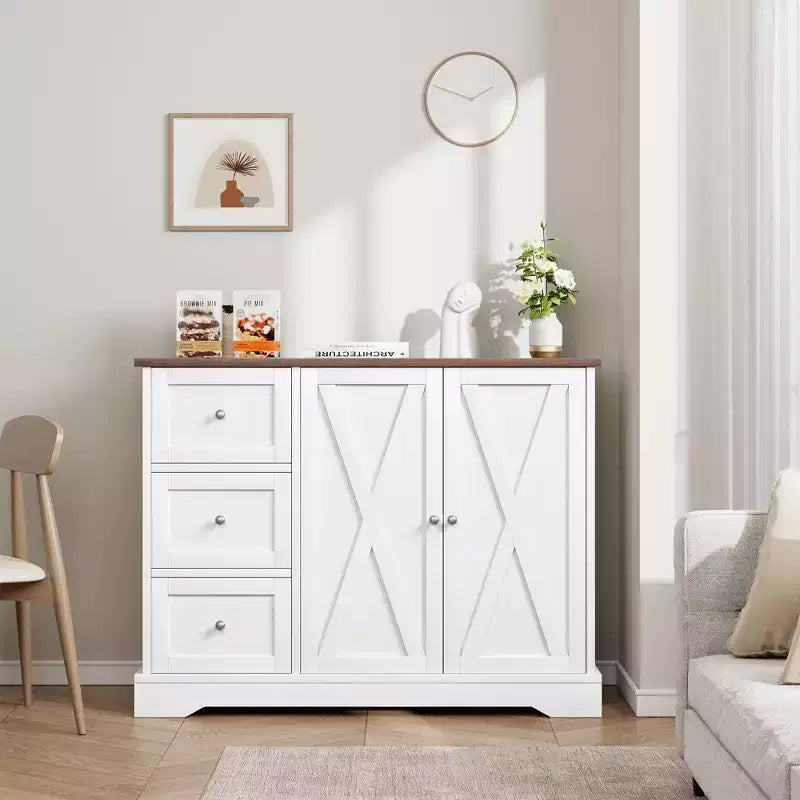 Meuble de buffet avec rangement, buffet blanc de 42 pouces avec 3 tiroirs, bar à café, design sans pieds peu encombrant pour petits espaces, blanc