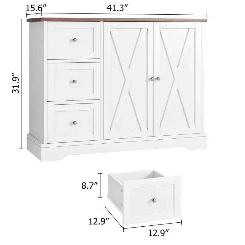 Meuble de buffet avec rangement, buffet blanc de 42 pouces avec 3 tiroirs, bar à café, design sans pieds peu encombrant pour petits espaces, blanc