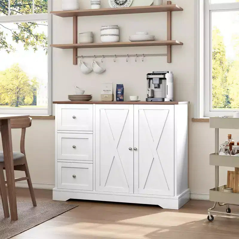 Meuble de buffet avec rangement, buffet blanc de 42 pouces avec 3 tiroirs, bar à café, design sans pieds peu encombrant pour petits espaces, blanc