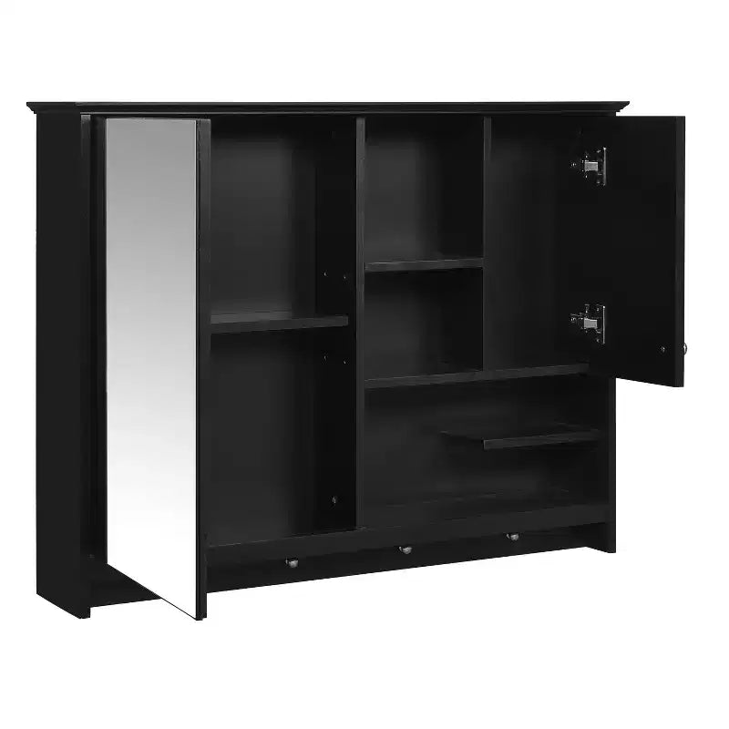 FAMYYT Armoire à pharmacie rectangulaire en MDF avec miroir, 6 étagères, boutons porte-serviettes